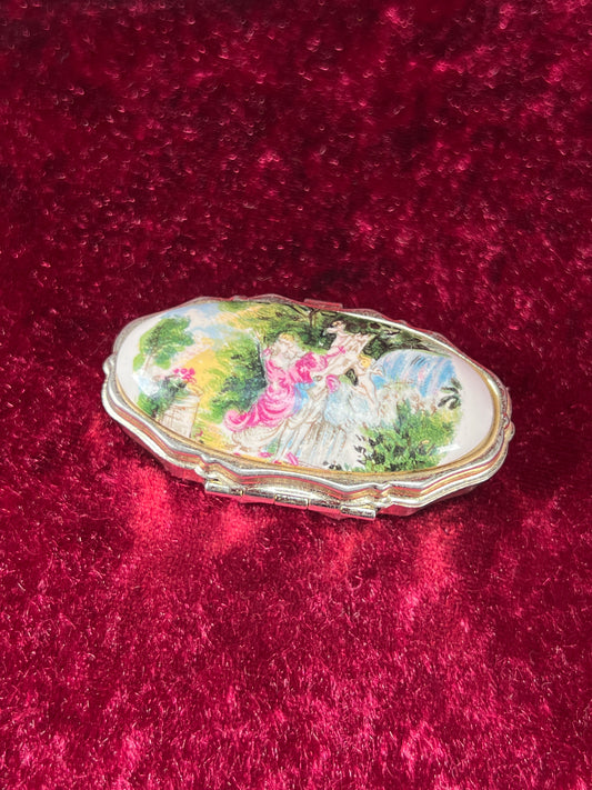 Vintage Vanity - 2-Compartment Pill Box - Silver Tone - Enamel Lid - Kissing Prince and Princess