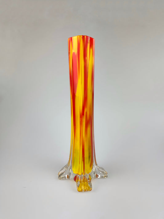 Vintage Elephant Foot Column Bud Vase | Orange and Yellow Art Glass | Made In Czechoslovakia