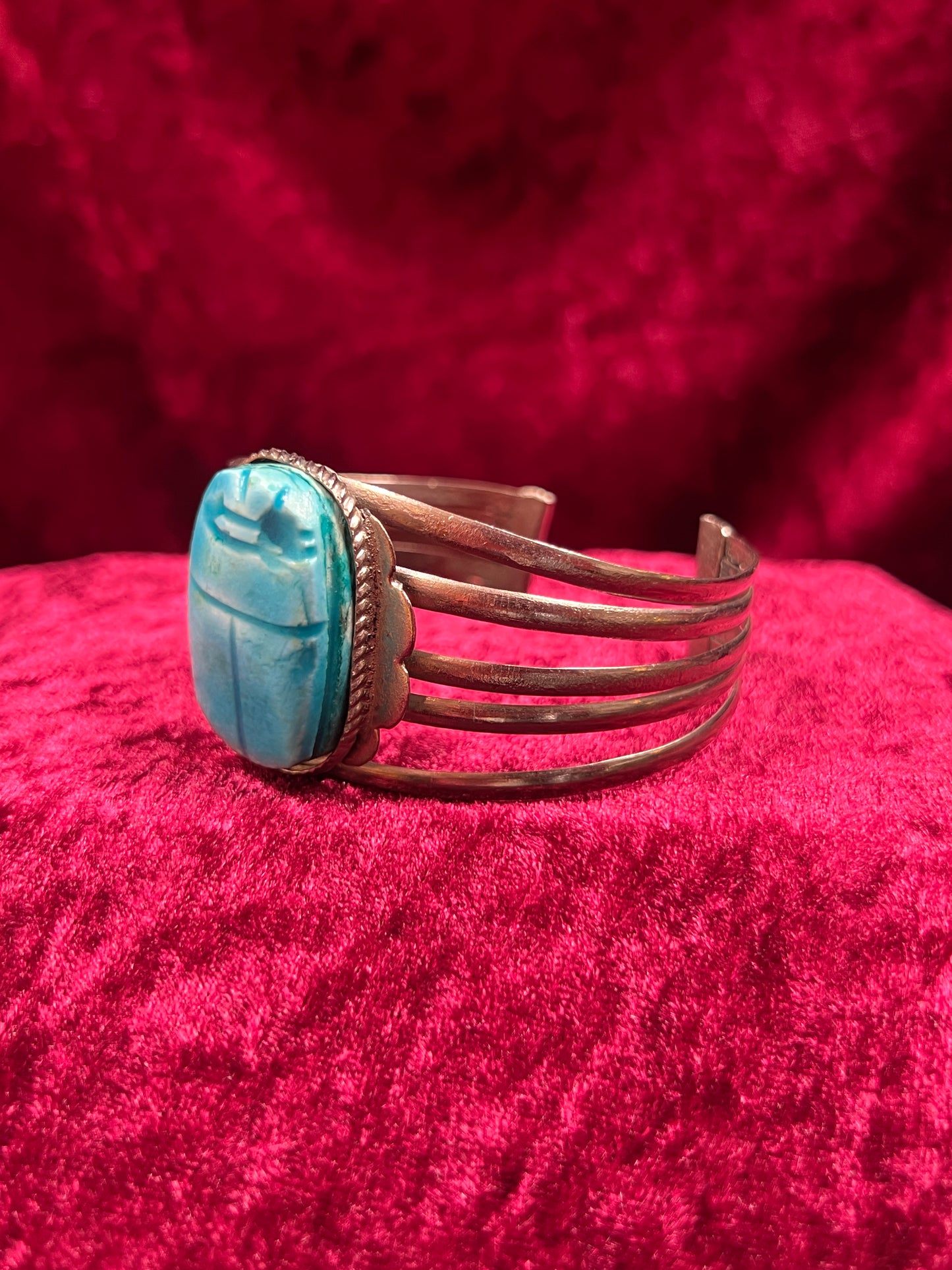 Vintage Jewelry - Chunky Cuff Bracelet - Egyptian Revival Blue Scarab