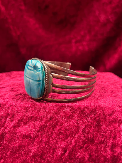 Vintage Jewelry - Chunky Cuff Bracelet - Egyptian Revival Blue Scarab