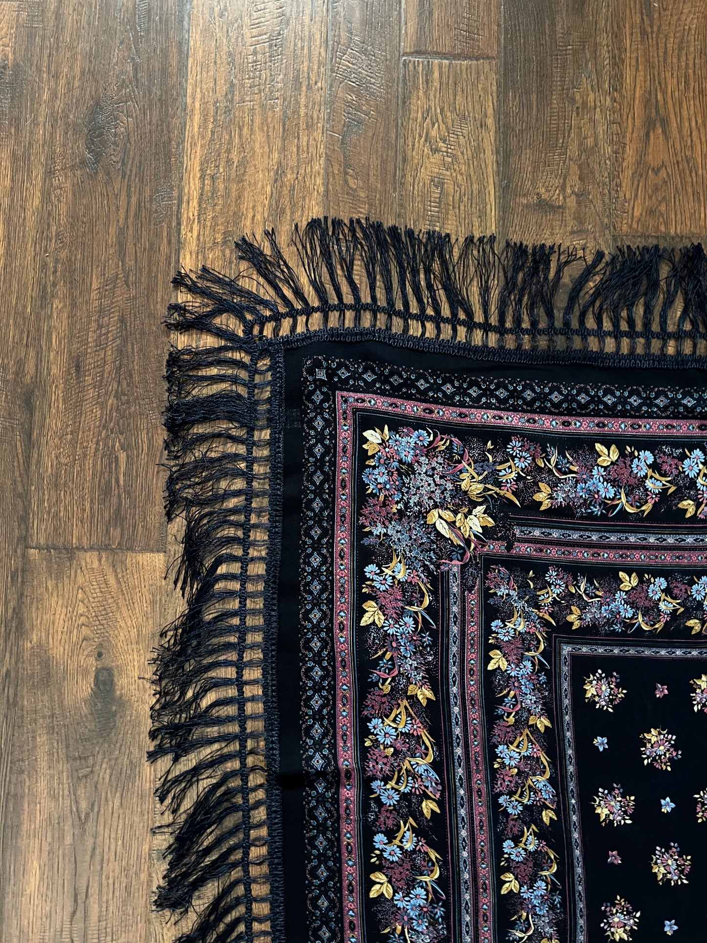 Vintage Kashmir Woole Floral Fringe Scarf - Dark Blue Square Wrap Bohemian Style