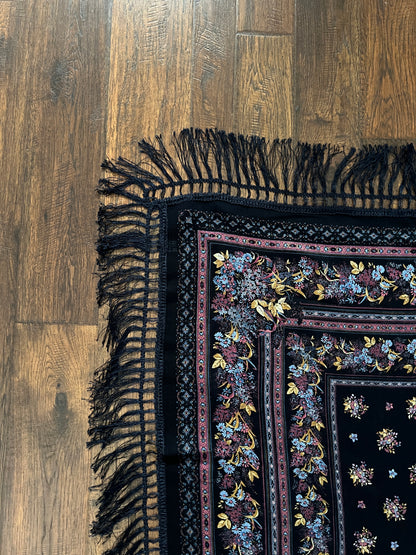 Vintage Kashmir Woole Floral Fringe Scarf - Dark Blue Square Wrap Bohemian Style
