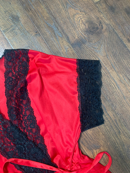 Vintage 1980s Avon Lingerie Robe - Red with Black Lace Trim - Small