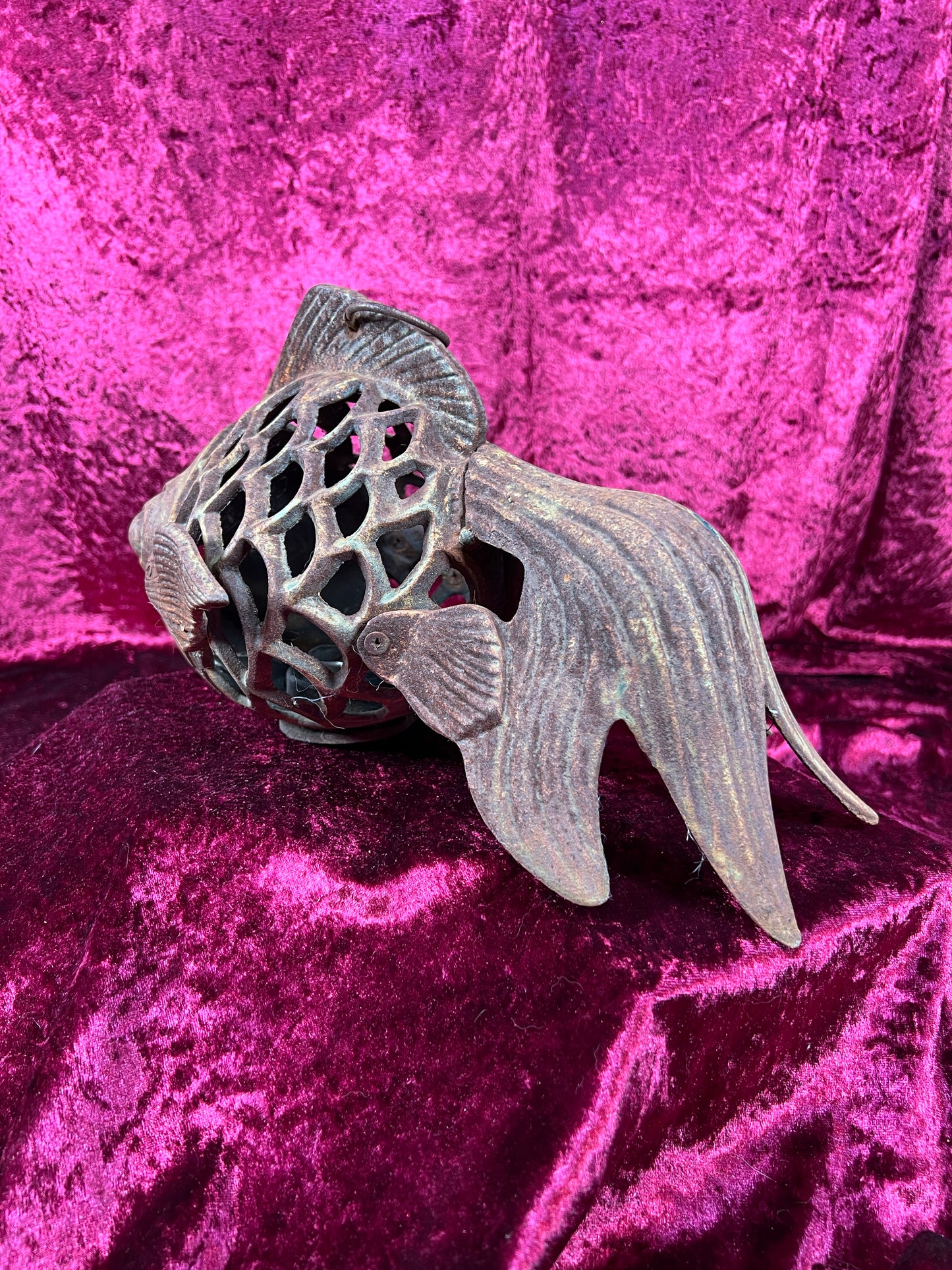 Vintage Home Decor - Hanging / Tabletop Candle Lantern - Cast Iron Koi Fish