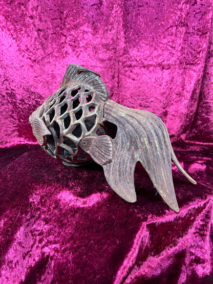 Vintage Home Decor - Hanging / Tabletop Candle Lantern - Cast Iron Koi Fish