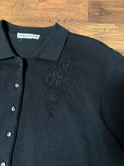 Vintage Halston Knit Cardigan - Black Floral Embroidered Short Sleeve Sweater - Small
