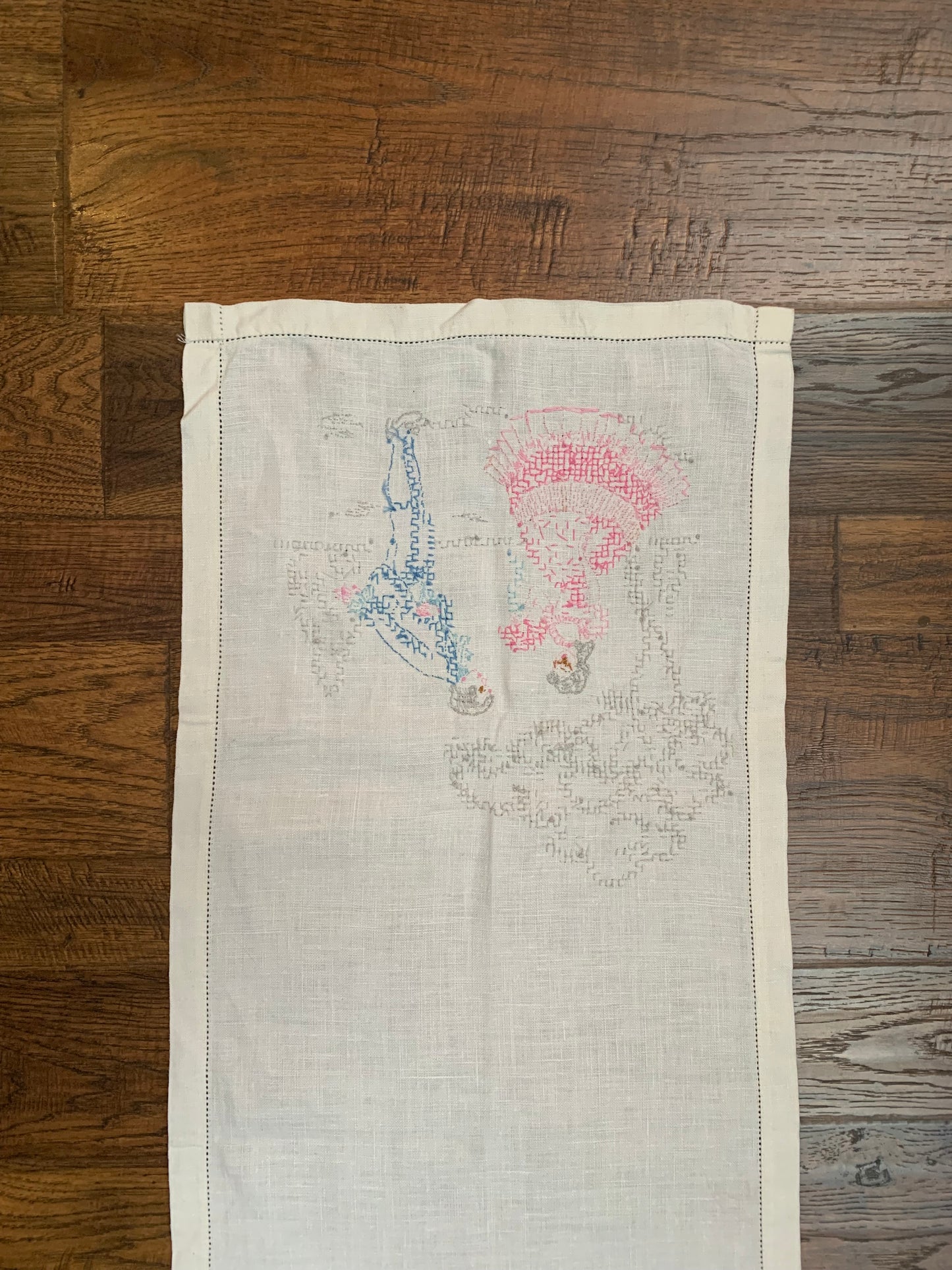 Vintage Cross Stitch Embroidered Table Runner - Courting Lord & Lady