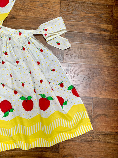 Vintage Pinafore Apron - White with Black Polka Dots Red Apples & Yellow Checkers