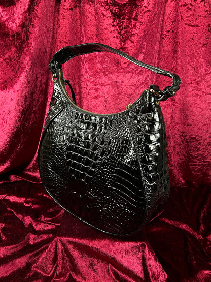 Vintage Brahmin Black Melbourne Leather Hobo Bag - Croc Embossed Shoulder Purse