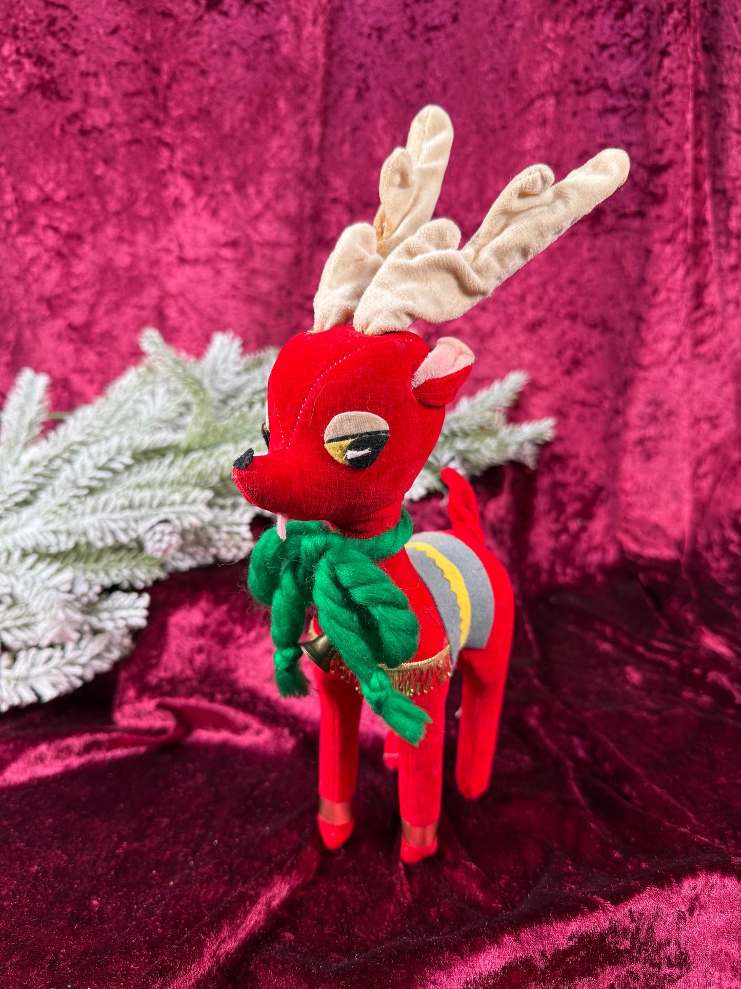 Vintage Christmas - Stuffed Doll - Red Velveteen Reindeer - Japan