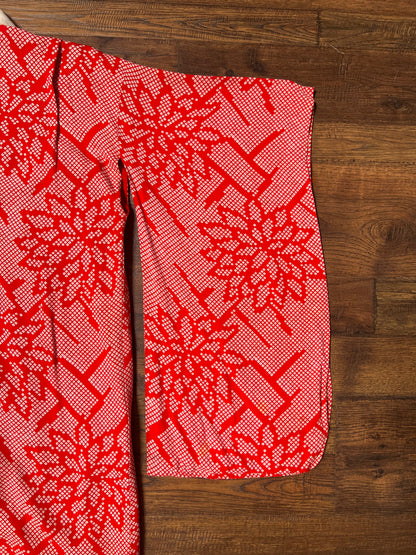 Vintage Clothing - Hand Sewn Kimono Robe - Red Floral Grid - Crepe Silk - OS