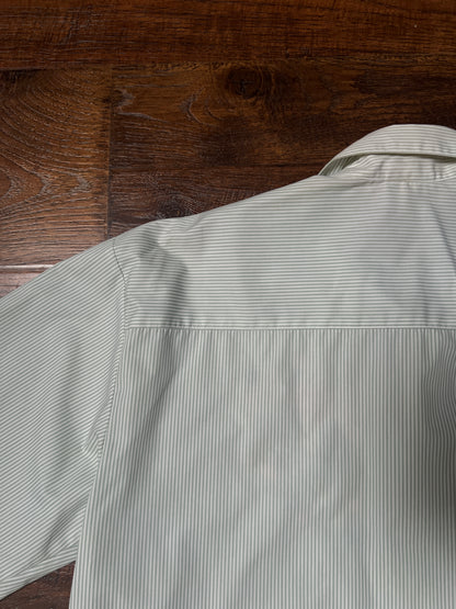 Vintage Koret Francisca Cotton Blend Blouse – Green Pinstripe Floral Embroidery – Medium