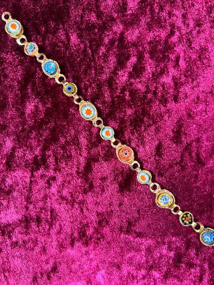 Vintage Jewelry - Bracelet - Gold Tone Metal - Round Glass Tiles