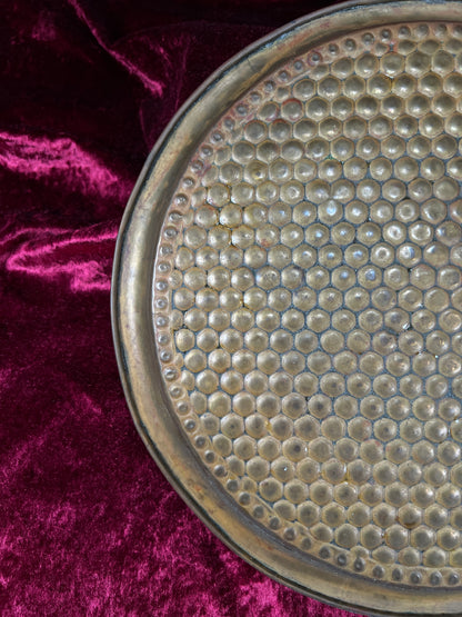Vintage Brass Tray - Hammered Honeycomb Pattern Round Serving Platter