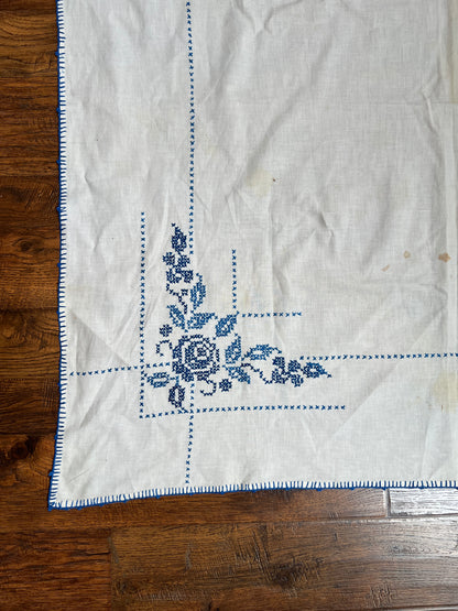 Vintage Linens - Square Tablecloth - Embroidered Blue Roses - 40” X 39.5”