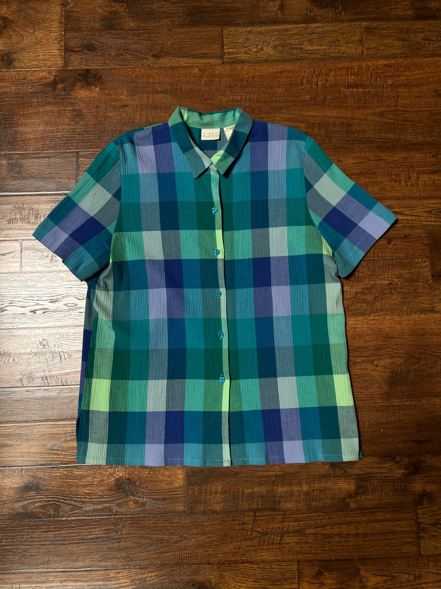 Vintage Koret Francisca Cotton Blend Blouse – Blue Green Plaid Button Up – Large