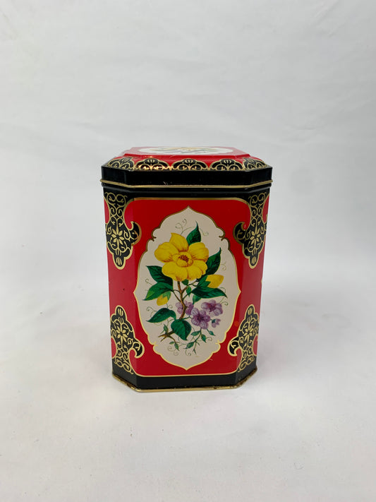 Vintage Octagonal Decorative Red & Black Tea Tin with Yellow Florals - Made In England