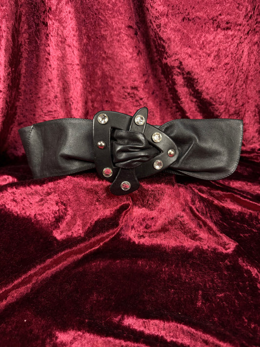 Vintage 1980s Black Leather Belt – Rhinestone Studded Sculptural Buckle Statement