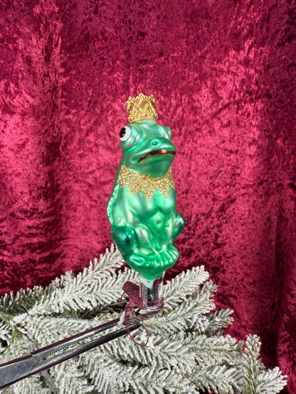 Vintage Christmas - Clip On Ornament - Hand Blown Glass -  3" Prince Frog
