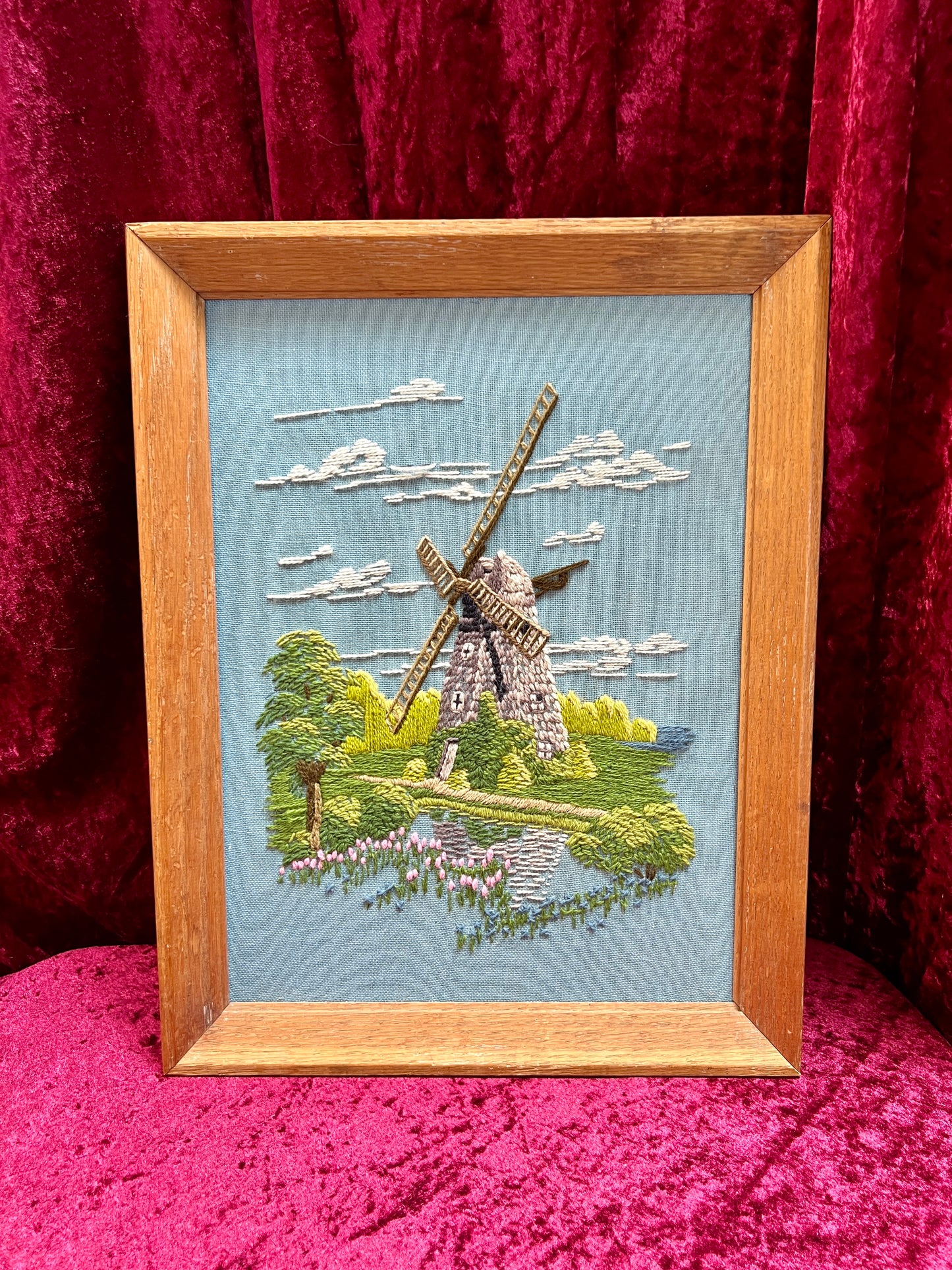 Vintage Framed Embroidery Art – Southampton Petticoat Windmill Crewel