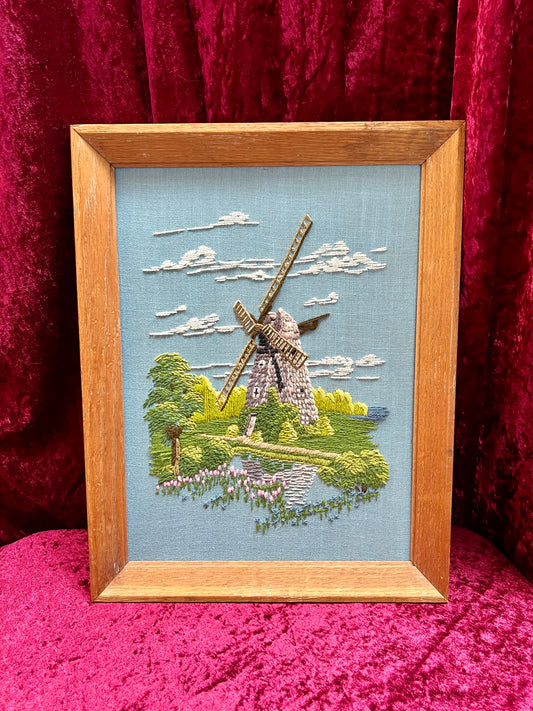 Vintage Framed Embroidery Art – Southampton Petticoat Windmill Crewel