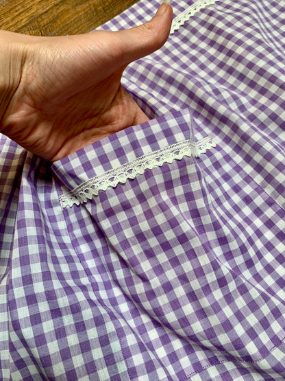 Vintage Lilac & Periwinkle Gingham Half Apron with Lace Detail