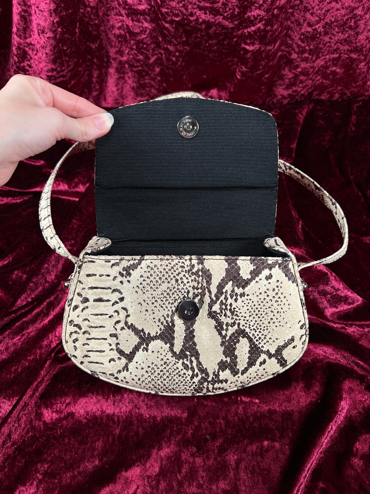 Vintage Susan Gail Snakeskin Crossbody Bag - Cream Brown Mini Saddle Purse