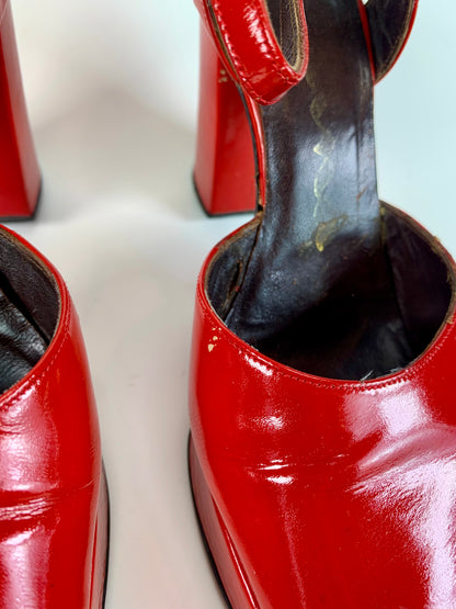 Vintage Shoes - Patent Leather Peep Toe Platform Heels - Cherry Red - 7 1/2