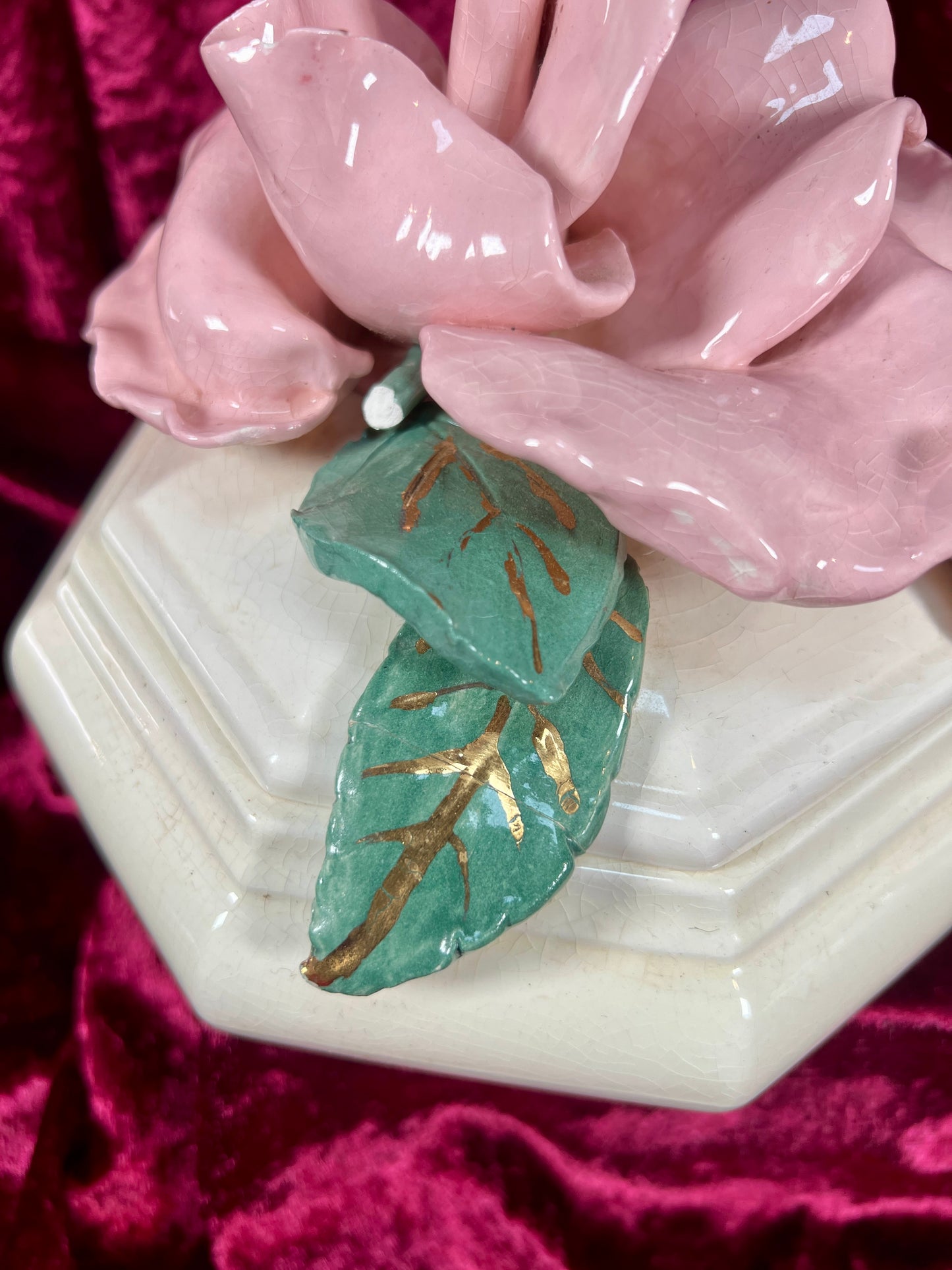 Vintage Trinket Dish - Ceramic - Giant Pink Rose - Chipped