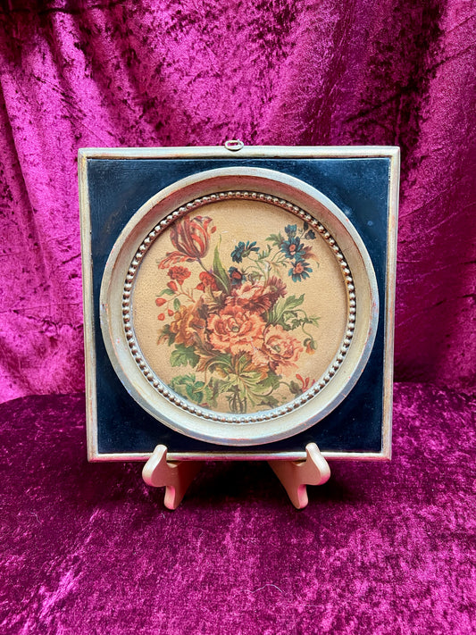 Vintage Wall Decor - Antique Italian Plaque - Black and Gold Frame - Red Floral Bouquet - Borghese
