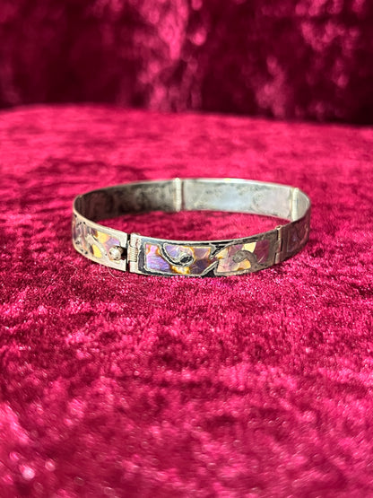 Vintage Jewelry - Bangle Bracelet - Sterling Silver - Inlaid Abalone Shell Panels - Mexico