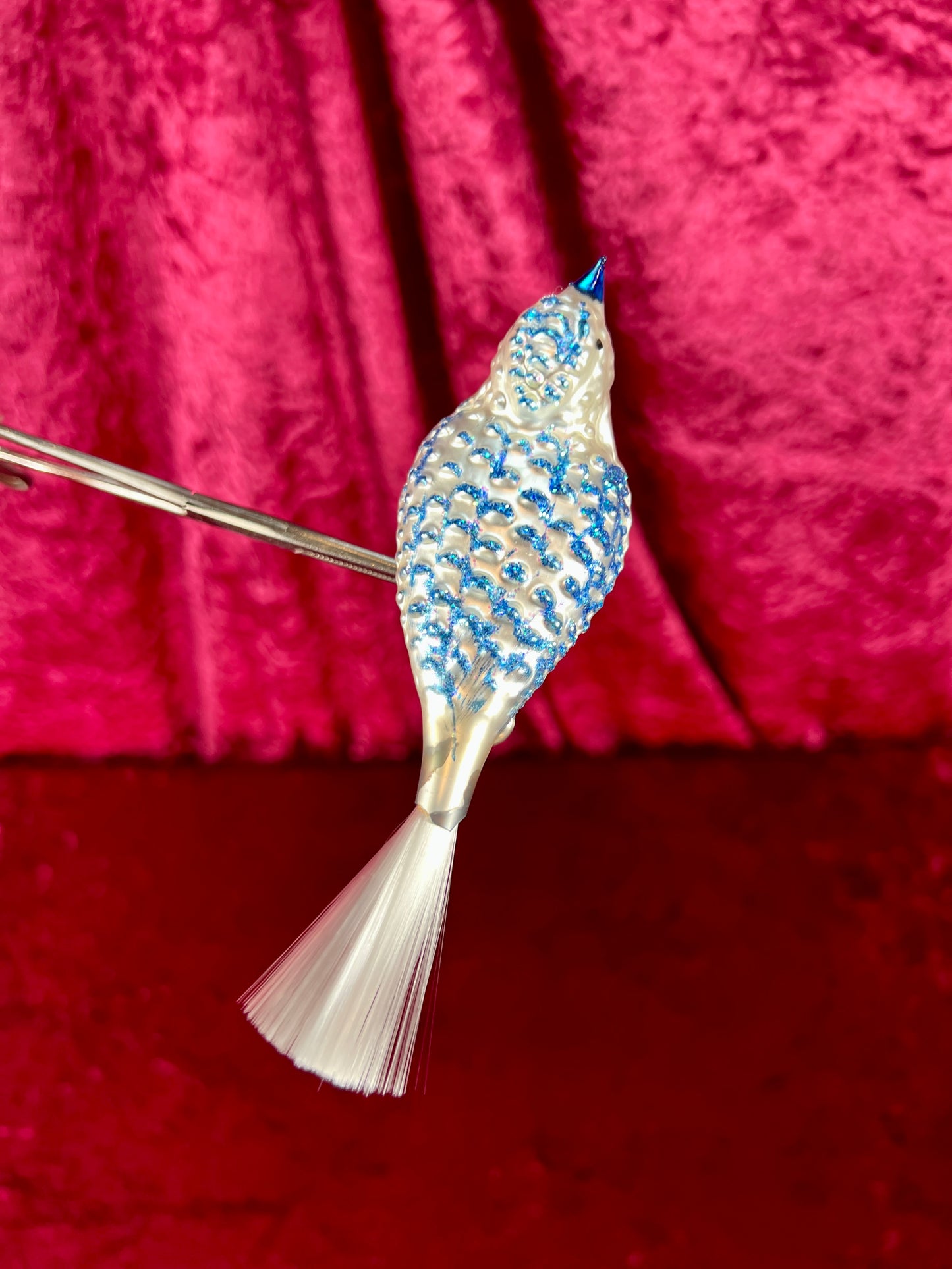 Vintage Christmas - Handblown Glass Clip On Ornament - Blue Bird with Nylon Hair Tail