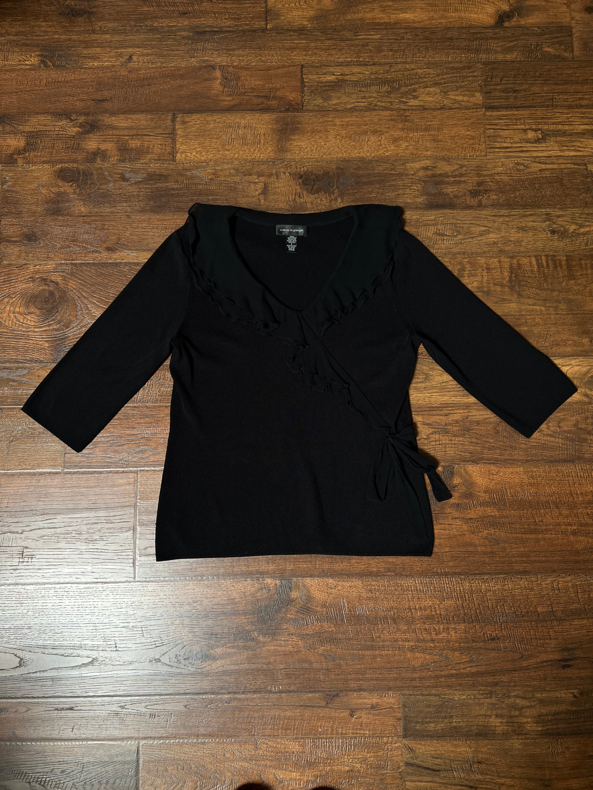Vintage Cable & Gauge Knit Blouse - Black Ruffle Trim Wrap - Size Large