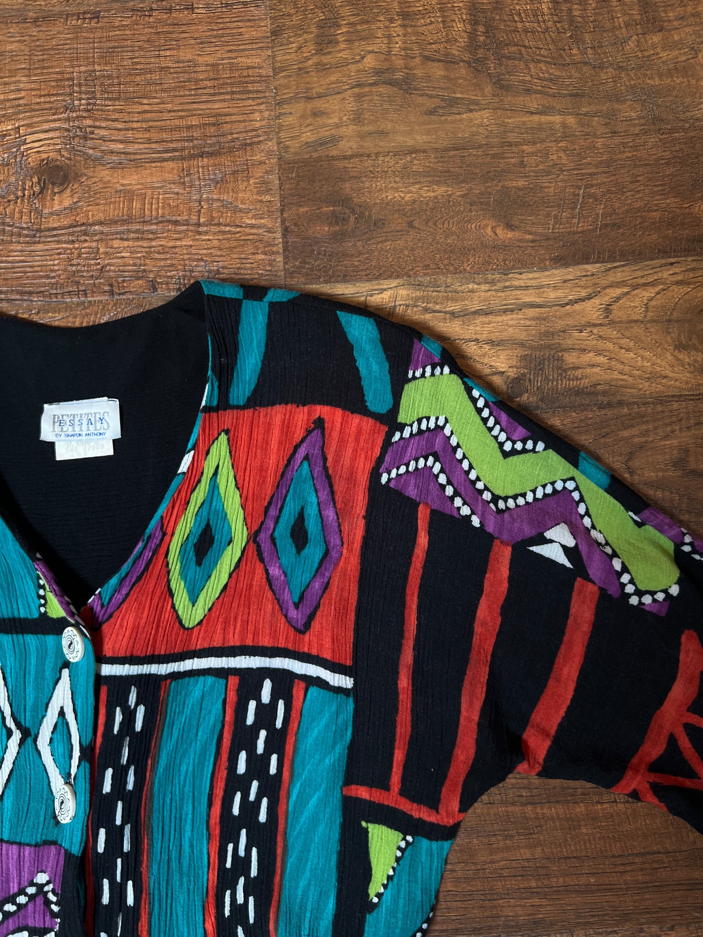 Vintage Petites Essay Sharon Anthony Blouse - Bold Abstract Tie Front Cropped Top - Medium