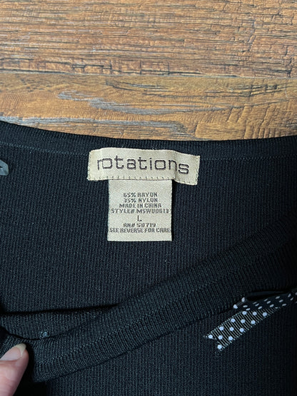 Vintage Notations Rayon Blend Black Top — Polka Dot Bow Trim - Size Large