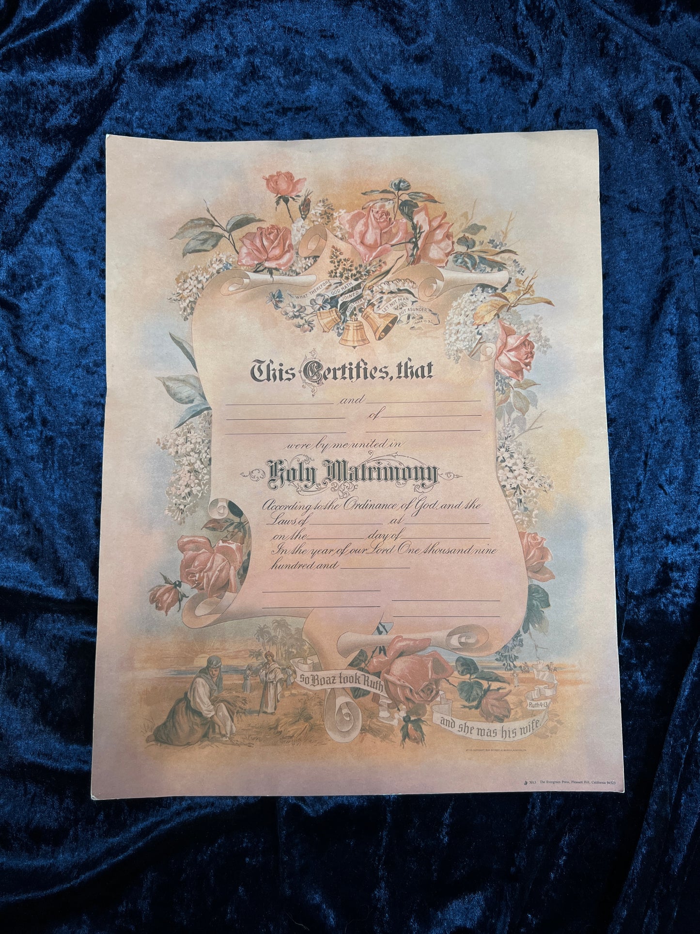 Vintage Paper Marriage Certificate - Victorian Style Pink Roses Holy Matrimony Keepsake