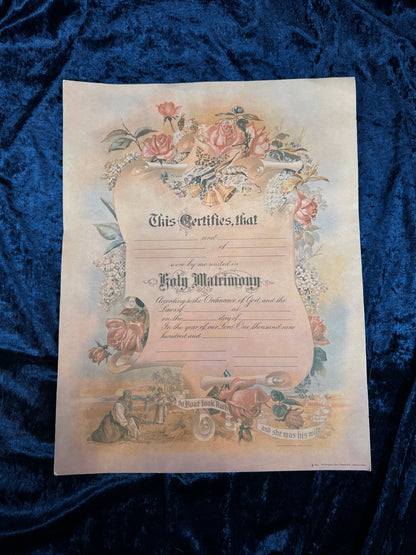Vintage Paper Marriage Certificate - Victorian Style Pink Roses Holy Matrimony Keepsake