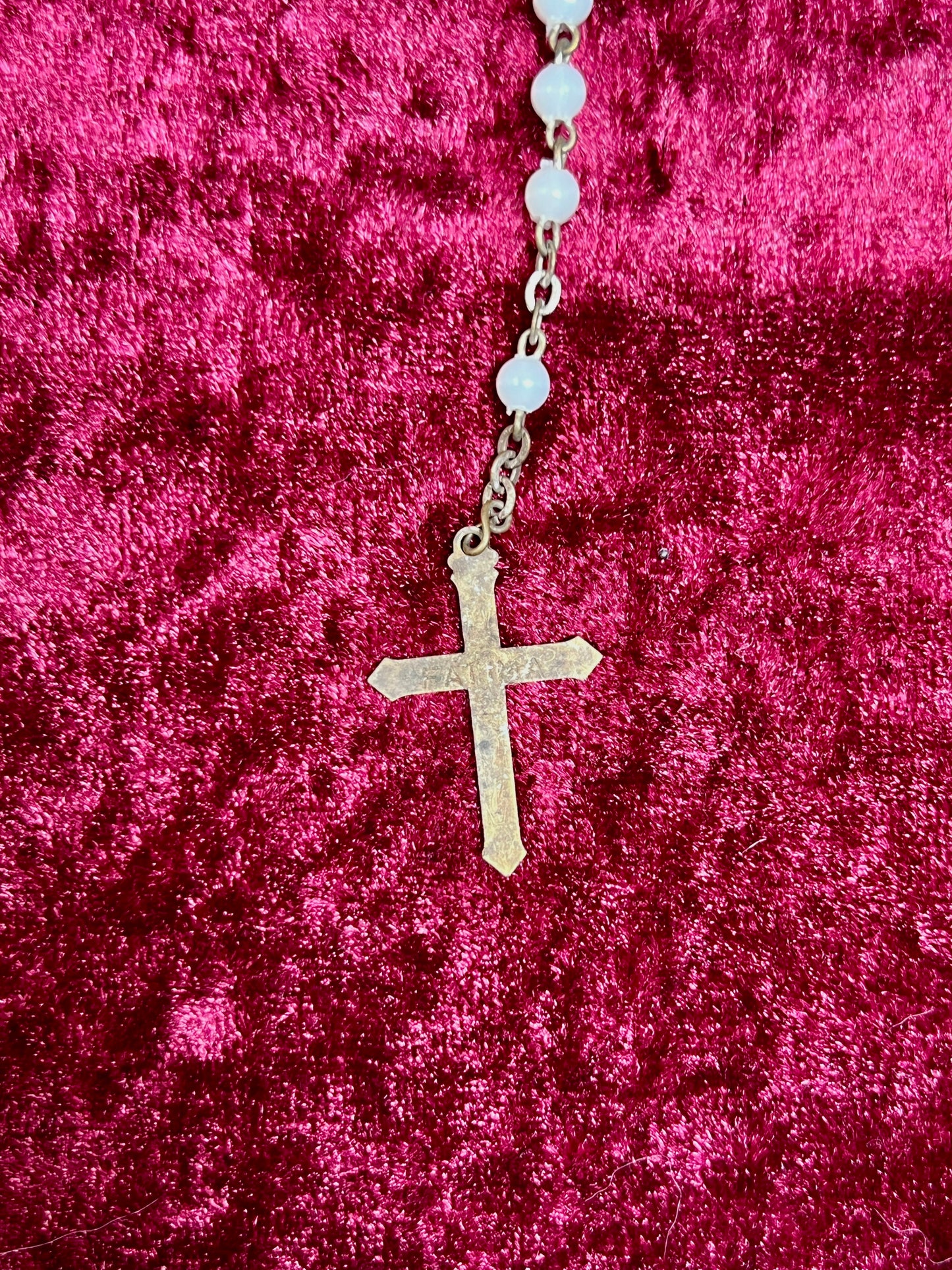 Vintage Jewelry - Rosary Beads - Shiny White Beads - Brass Tone Cross - 12.75"