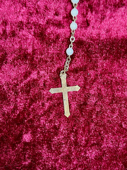 Vintage Jewelry - Rosary Beads - Shiny White Beads - Brass Tone Cross - 12.75"