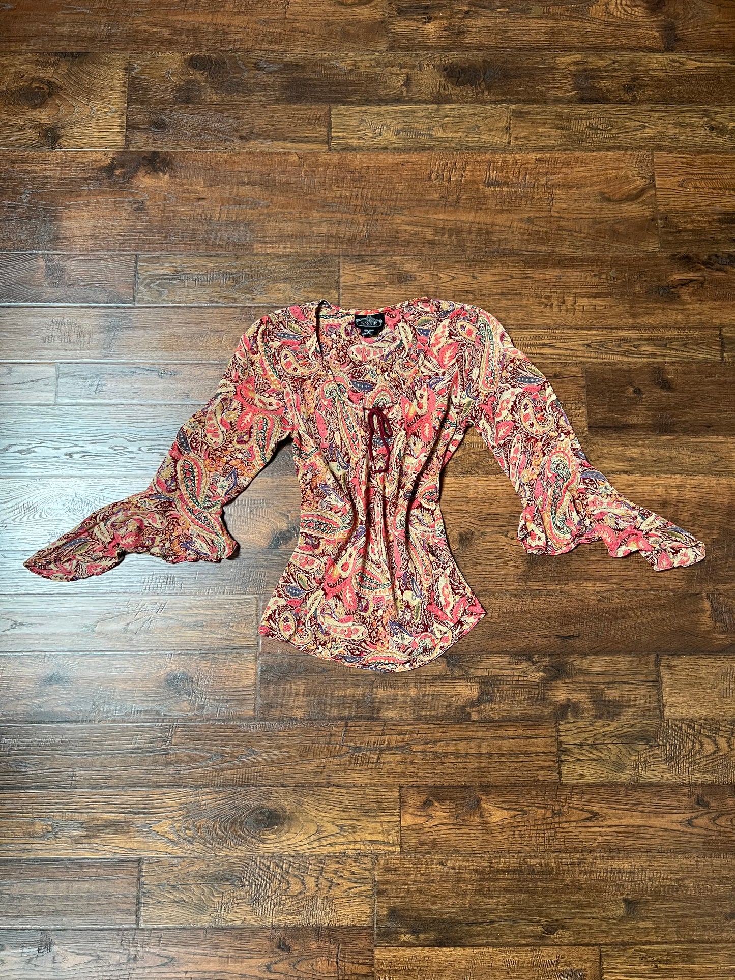 Vintage Clothing - Y2K Scoop Neck Blouse - Butterfly Sleeves - Pink Paisley Print - Small - Angie
