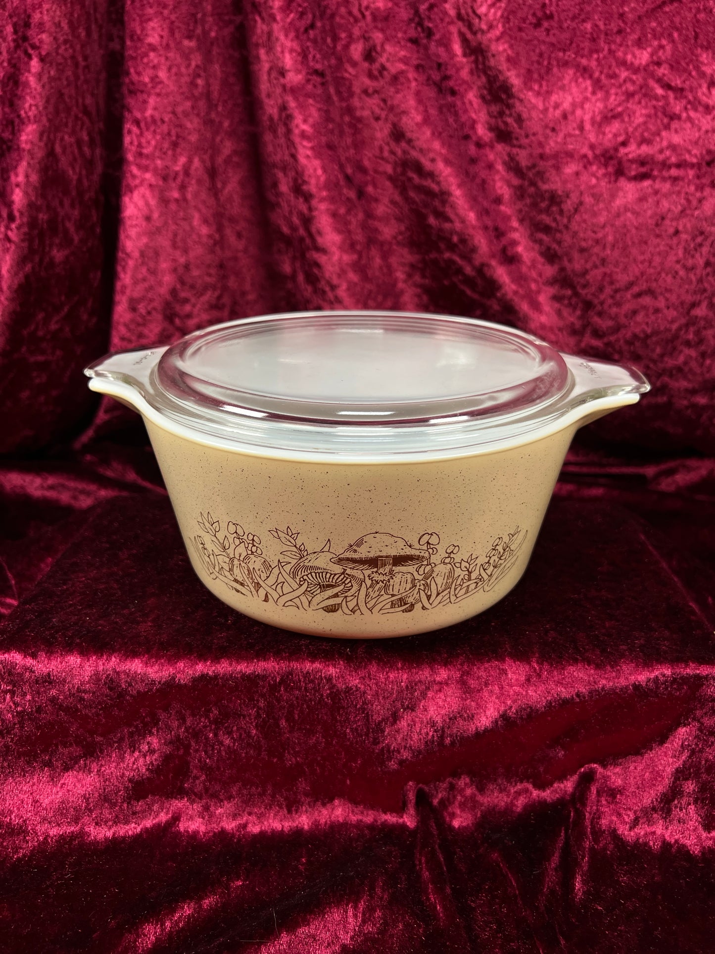 Vintage Pyrex Glass Casserole Dish Set - Forest Fancies Mushroom Pattern