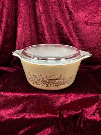 Vintage Pyrex Glass Casserole Dish Set - Forest Fancies Mushroom Pattern