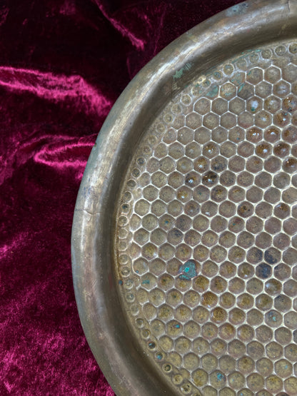 Vintage Brass Tray - Hammered Honeycomb Pattern Round Serving Platter
