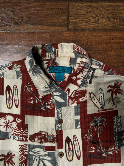 Vintage Paradise Blue Silk Rayon Shirt – Hawaiian Surf Car Print – Size Large