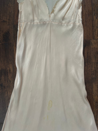 Vintage 1940s Slip Dress Nightgown - Baby Pink Satin Bias Cut with Lace Trim - Small