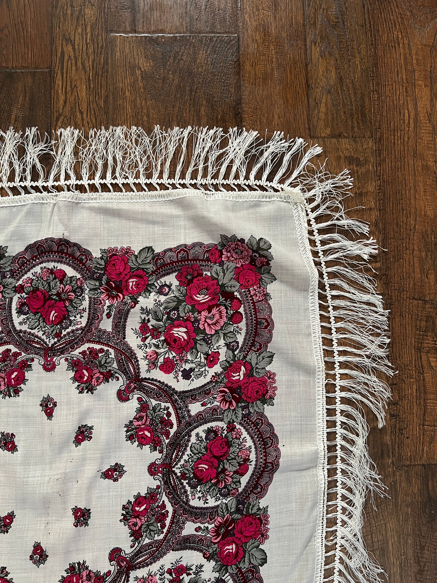 Vintage Kashmir Woole Floral Fringe Scarf - White Rose Square Wrap Bohemian Style