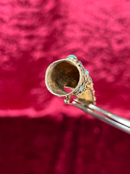 Antique Jewelry - Brooch - Chinese Finger Nail Guard - Plated Sterling Silver, Turquoise, Coral, and Enamel
