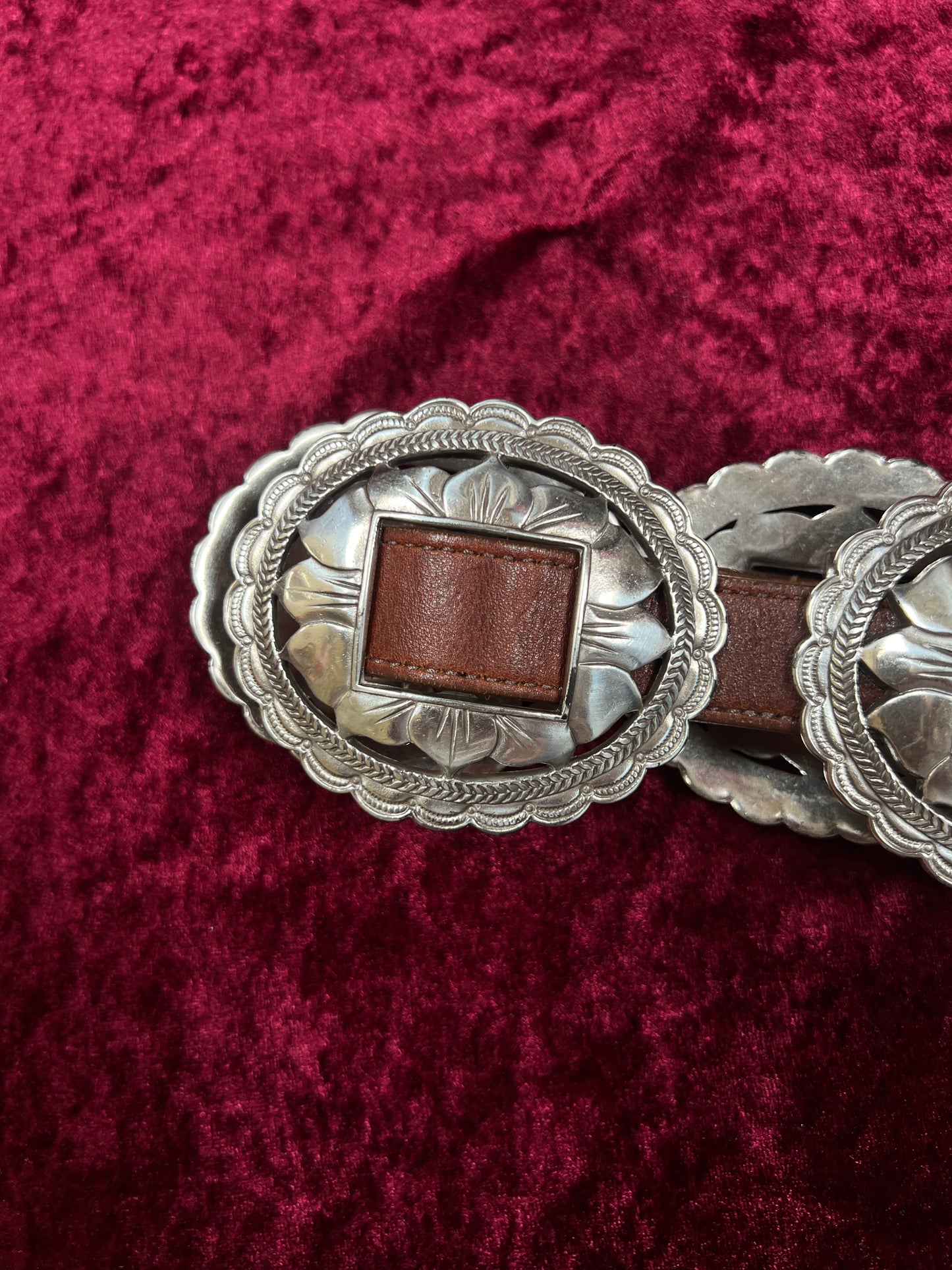 Vintage Brighton Leather Concho Belt - Silver Sunflower Western Belt USA Made - 29.5-33.5"