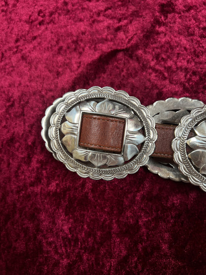 Vintage Brighton Leather Concho Belt - Silver Sunflower Western Belt USA Made - 29.5-33.5"