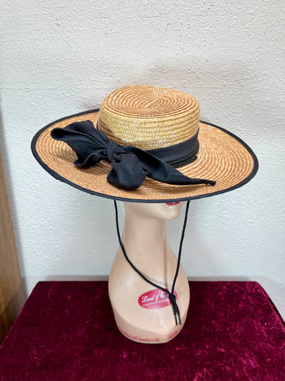 Vintage Accessories - Straw Sun Hat - Black Bow - Medium